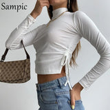 Autumn O Neck Black Khaki White Long Sleeve Skinny Hollow Out Knitted Woman T Shirts Sexy Y2K Basic Tees Tops Winter