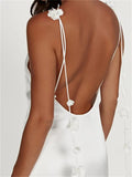 Satin Backless Spaghetti Strap Long Dress for Women Sexy Backless 3D Flower Tassels Dress Party Cocktail Y2K Vestidos-Outfit
