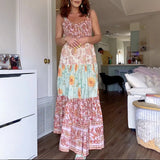 Women's Vintage Floral Print Silky Bow Knot Tie-Up Shoulder Straps Sleeveless Summer Big Swing Long Cami A-line Dress-Outfit