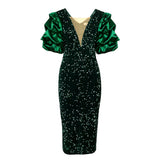 Sexy V-Neck Pile Sleeve Dress High-Waist V-Back Party Slit Dress Dresses