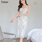 Summer Korean Retro Streetwear Midi Party Dress OL Ladies Elegant Sexy Lace Embroidery Casual Bodycon Vacation