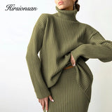 Elegant Knitted Sets Women 2021 New Casual Two Pieces Turtle Neck Sweater and Midi Skirt Female Warm Suits with