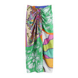 Women Chic Fashion With Knot Printed Front Vents Midi Skirt Vintage High Waist Back Zipper Female Skirts