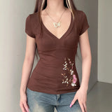 Vintage Small Flower Embroidery Collage V-Neck Slimming Design T-Shirt With Thin