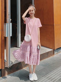 Casual Patchwork Folds Dress For Women Round Neck Short Sleeve Loose Waist Long Dresses Female 2023 Fashion Summer