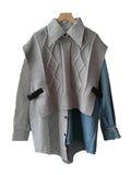 Women 2 Pcs Set Pu Buckle Knitted Shawl Vest Cardigan Stripes Asymmetric Spliced Denim Shirt Suits 2024 Summer New Fashion-Outfit