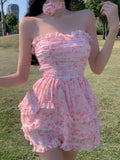 Floral Sexy Dress Women Summer Pink Elegant Party Mini Dresses Female Sleeveless Patchwork Holiday Korean Chic Dress