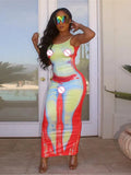 Summer Streetwear Sleeveless Long Maxi Bodycon Dress Women Print O Neck Cami Strap Tie Dye Blue Backless Dresses For