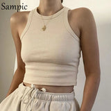 Khaki White Ribbed Casual Knitted Women Crop Tops Sleeveless Black Summer Sexy O Neck Basic Vest Skinny Tank