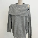 Korean Chic Women Sweater Elegant Hollow Out Off Shoulder Patchwork Loose Knitted Tops Office Lady Fashion Pullover-Outfit