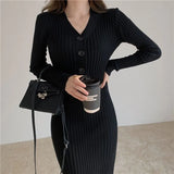 Long Sleeve Dresses Solid Color Sheath V-neck Buttons High Waist Ladies Elegant New Vestidos Knitting Korean Style
