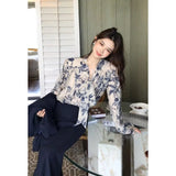 Money Style High-End Feel Expensive Wear Retro Broken Flowers With Shirt Top High Waist