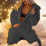 Suits for Women Flannel Zipper Long Sleeve Rompers Comforable Homewear Pajamas Solid Ladies Hooded Loose Jumpsuits