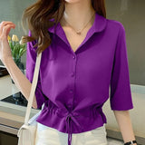 Women Solid Turn-down Collar Half Sleeve Chiffon Shirt Fashion Casual Shirring Single-breasted Blouses Female 319-0-Outfit