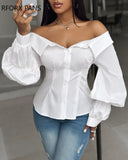 Women Chic Solid Off Shoulder Button Long Sleeves Casual Blouses Tops-Outfit