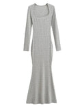 Sexy Square Collar Knitted Cotton Maxi Long Mermaid Dress Women Full Sleeve Stretch Basic Bodycon Fishtail Robe Vestido-Outfit