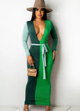 Contrast Color Sexy Deep-V Long Bodycon