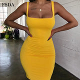 Square Neck Sleeveless Bodycon Mini Dress Basic Women Summer Black Backless Party Sexy Yellow Clubwear 2020