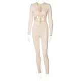 Solid Hollow Out Long Sleeves Bandage Bodycon Jumpsuit Summer Women Fashion Sexy Club Backless One Piece