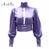 Women Sexy Lace Up Bow Satin Blouse Turtleneck Shirt Backless Blouses Blusas Women Puff Sleeve Crop Top Spring
