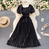Vintage Square Collar Pleated Dress Women Spring Summer 2021 New Fashion Yellow/Blue/Red High Waist Bandage Party Vestidos
