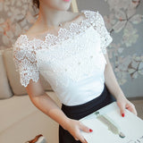Elegant Hollow Out Casual Women Top Women Short Sleeve White Blouse Ladies Blouses Sexy Women Lace Stitching Shirt