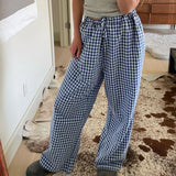 Women's Y2K Retro Aesthetic Wide Leg Drawstring Thin Pants Summer Casual Elastic Plaid Loose Trousers with Pockets-Outfit