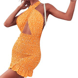 Women Close-fitting Backless Dress Sexy Floral Printed Pattern Halter Neck Hollow Out Short Dresses Summer 2024 Club Wear-Outfit