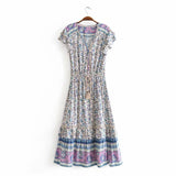 Floral print summer beach Bohemian dress for women Ladies V-neck short sleeve dress female Robe Boho hippie dress