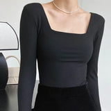 square-neck t-shirt women's slim-fit exposed collarbone low-neck short top bottoming shirt-Outfit