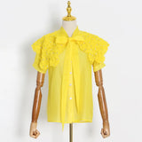 Patchwork Diamonds Shirt For Women Bowknot Collar Short Sleeve Solid Blouses Female Fashion Clothing Style New