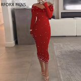 Women Off Shoulder Rhinestone Decoration Long Sleeves Mesh Patchwork Bodycon Midi Formal Party Dress-Outfit