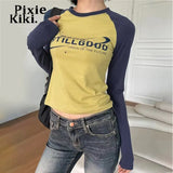 Long Sleeve Graphic T Shirts Retro Y2k Clothes for Women Letter Printed Raglan Sleeves Crop Tops