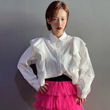 Casual Colorblock Ruffle Trim Shirt For Women Lapel Long Sleeve Chic Blouse Female Fashion New Clothing 2021