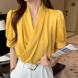 Fashion V-neck Blouse Women 2021 Short Sleeve Tops Office Lady Blouse Female New Chiffon Blouses Clothes Blusas