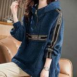 Korean Letter Spliced Pullovers Autumn Winter Women's Clothing Hooded Zipper Chic Drawstring Casual Pockets