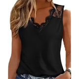 Slim Fit Sleeveless Pullover Shirt Women 2023 Summer Solid Color Lace Stitching V-Neck Casual Tank Top Woman