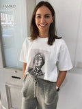 Printed White T-shirts For Women 2023 Summer New Round Neck Short Sleeve T Shirt Fashion High Street Casual Tee Tops-Outfit