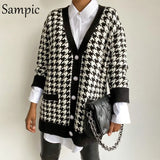 Houndstooth Sexy Long Sleeve Knitted Sweater Cardigan Women Fashion Casual Beige V Neck Sweaters Ladies Autumn Winter