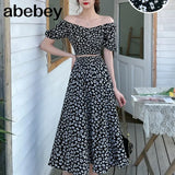 New Summer Fashion V-neck puff sleeve short Shirt Top + high waist pleated waist floral Skirt 2-piece