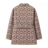 Green Flower Print V neck Quilted Jacket Ethnic Women Tie Bow Sashes Quilting Full Sleeve Coat BOHO Midi Outerwear-Outfit