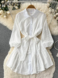 2022 Autumn New Lace Embroidery Dress Women Lantern Sleeves Dresses Female Vintage Party Beach Mini Short