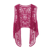 Jastie Asymmetric Open Stitch Cardigan Summer Beach Boho Hippie People Style Crochet Knit Embroidery Blouse sleeveless Vest