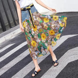 Casual Denim Patchwork Chiffon Skirt 2023 Summer New Office Lady Commute All-match Printed A-Line High Waist Midi