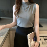2021 Sleeveless Summer Blouse Women Korean Knit Elastic Casual Clothes Solid Turtleneck Fashion Ladies Tops Blusas 8623