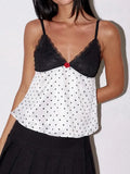 Women Vintage Retro Camisole Sleeveless Tops V-neck Backless Lace Patchwork Dots Print Summer Vest for Party Club-Outfit