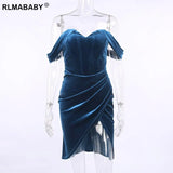 Sexy Strapless Blue Velvet Midi Bodycon Dress Slim Backless Folds Split Night Club Christmas Evening Party Purple