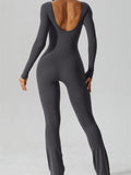 Women Backless Jumpsuits Solid Long Sleeve Round Neck Slim Fit Spring Fall Rompers Flared Long Pants Streetwear 2023-Outfit