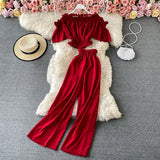 Summer Green/Black/Red Two Piece Set Women Sexy Slash Neck Short Tops + High Waist Wide Leg Pants Female Suit New