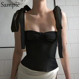 Sexy Women Casual Bandage Mini Vest Crop Tops Strap White Black Summer 2021 Chiffon Ladies Blackless Bustier Tank